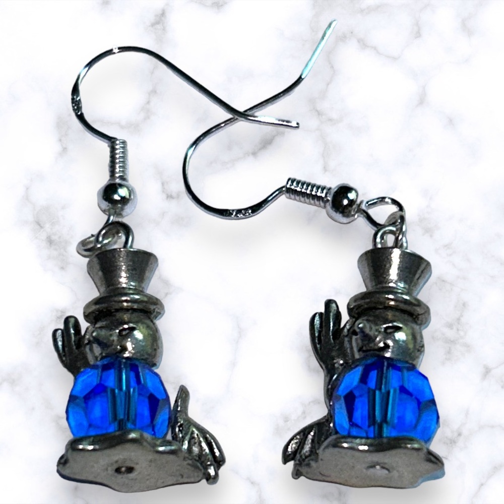 Handmade Earrings Snowman Swarovski Blue Crystal Dangle Pierced Gift - Picture 6 of 10